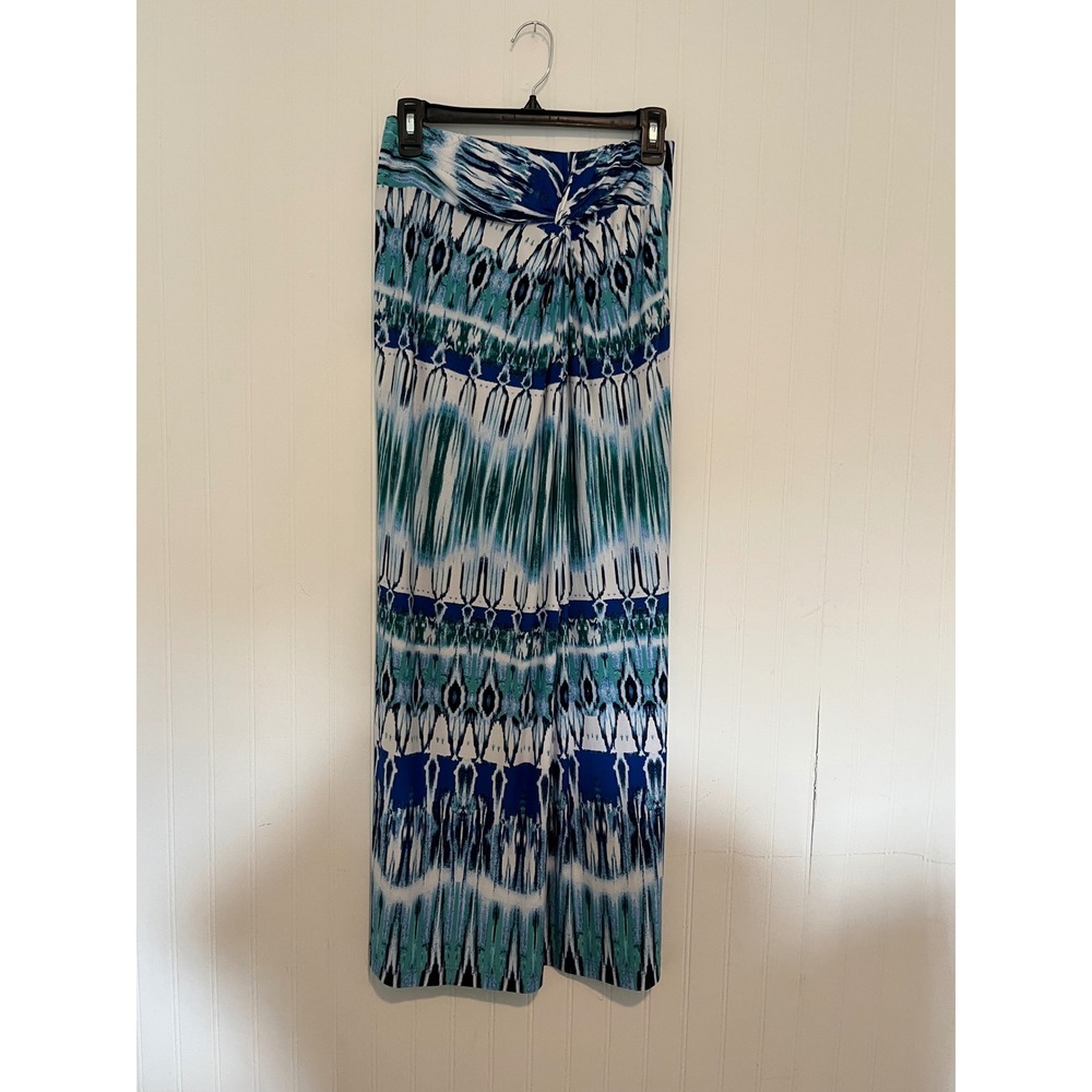 Boston Proper Blue Ikat Print Twist Front Maxi Skirt XS Teal White Abstract Knit